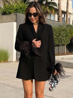 Women Fashion Chic Black With Feather Blazer Jacket Elegant Notched Neck Single Button Long Sleeves Female Outfits Elegant Style