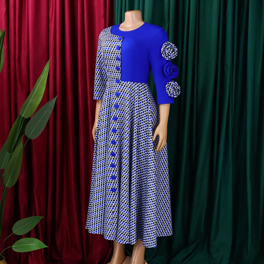 Elegant Dresses for Women 2025 Fall Fashion African 3/4 Sleeve Party Birthday New Robe Chic 3D Flower Plaid Evening A-Line Dress Elegant Style
