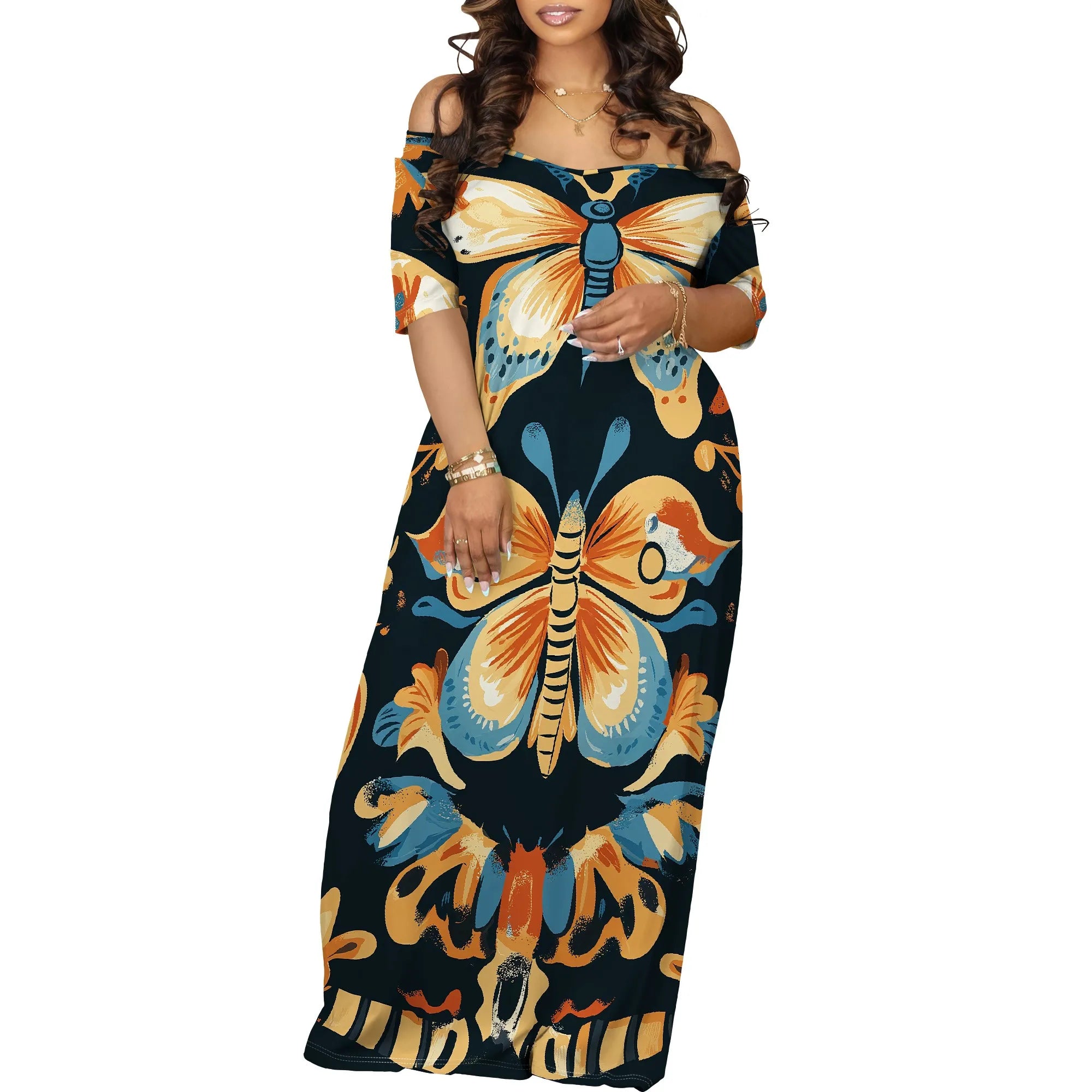 Women's Fashion Printed Short Sleeve Long Dress Sexy Off Shoulder Backless Bodycon Split Cocktail Party Dress White-4 China Mainland Elegant Style