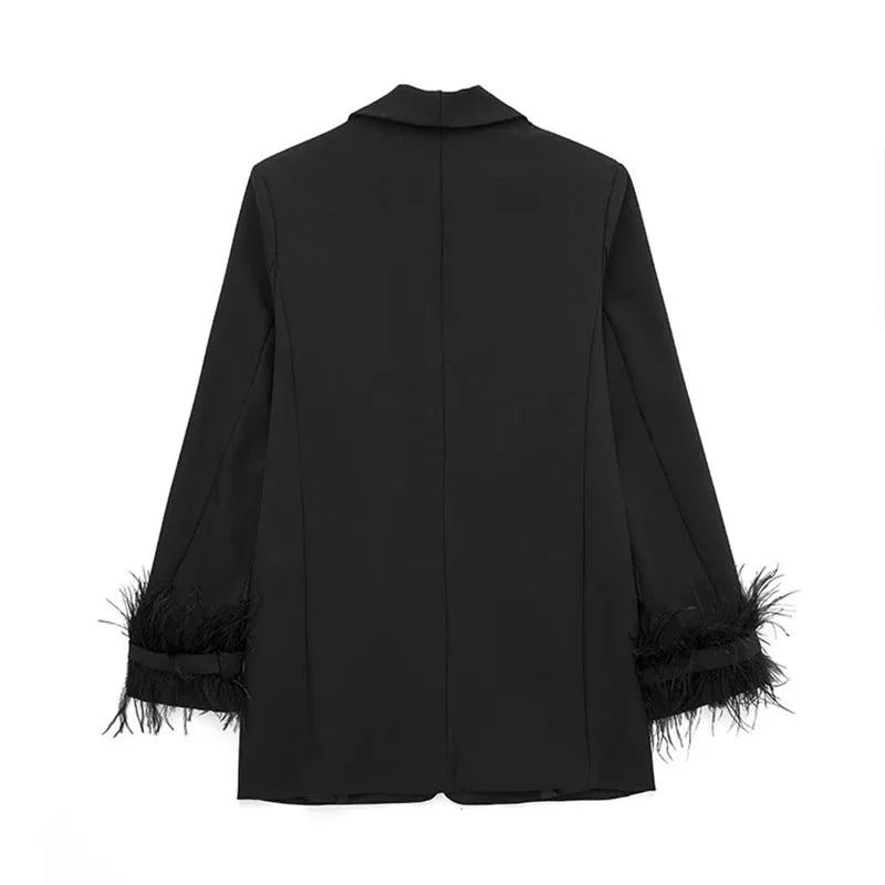 Women Fashion Chic Black With Feather Blazer Jacket Elegant Notched Neck Single Button Long Sleeves Female Outfits Elegant Style