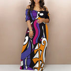 Women's Fashion Printed Short Sleeve Long Dress Sexy Off Shoulder Backless Bodycon Split Cocktail Party Dress Elegant Style