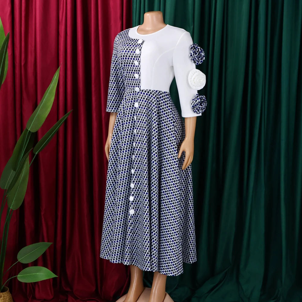 Elegant Dresses for Women 2025 Fall Fashion African 3/4 Sleeve Party Birthday New Robe Chic 3D Flower Plaid Evening A-Line Dress Elegant Style