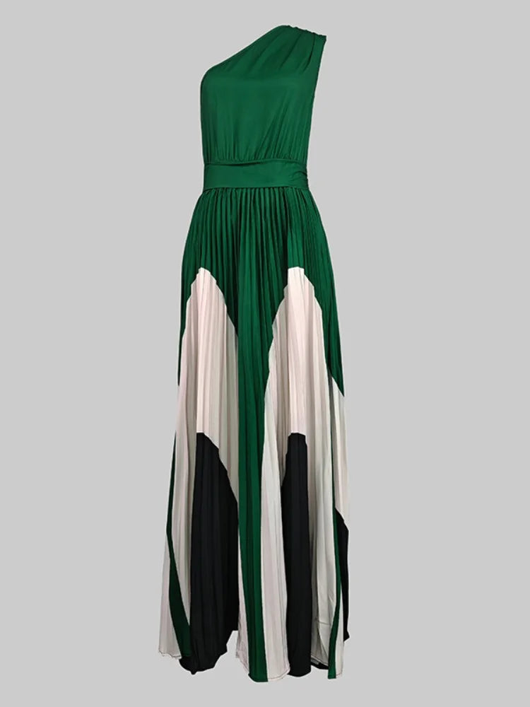 Women Fashion Printed Elegant Evening Maxi Dresses 2025 New Summer Sleeveless One-Shoulder Pleated A-line Long Dress GREEN United States Elegant Style