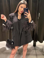 Women Fashion Chic Black With Feather Blazer Jacket Elegant Notched Neck Single Button Long Sleeves Female Outfits Elegant Style