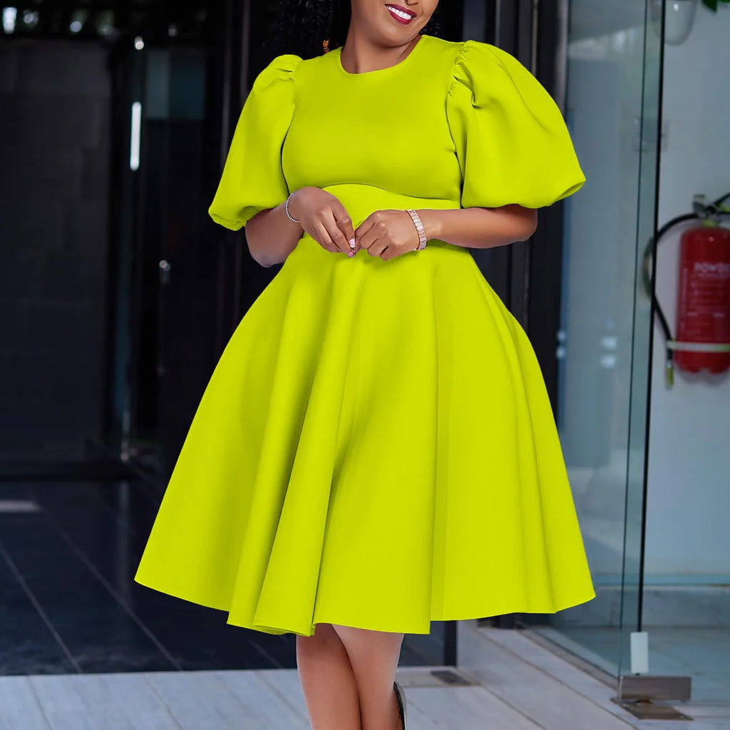 Elegant Dresses for Woman 2024 O Neck Short Sleeve High Waisted Pleated Mid Calf Luxury Female Birthday Party Dinner Vestidos Fruit Green Elegant Style