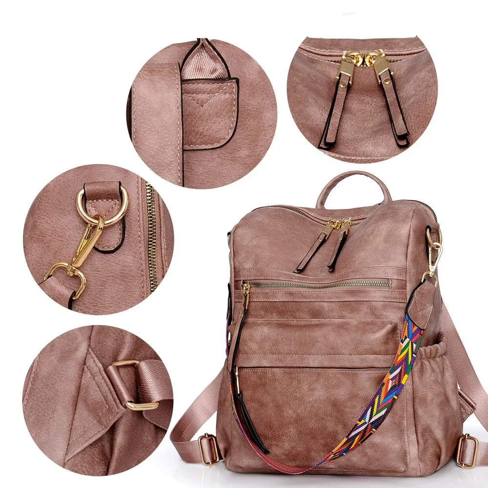 Women Backpack Purse for Women Fashion Leather Designer Ladies Convertible School College Shoulder Bags with Colorful Strap Elegant Style