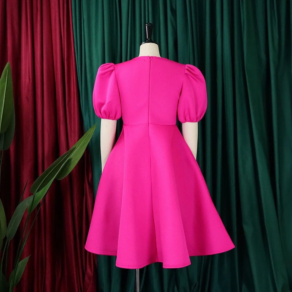 Elegant Dresses for Woman 2024 O Neck Short Sleeve High Waisted Pleated Mid Calf Luxury Female Birthday Party Dinner Vestidos Elegant Style