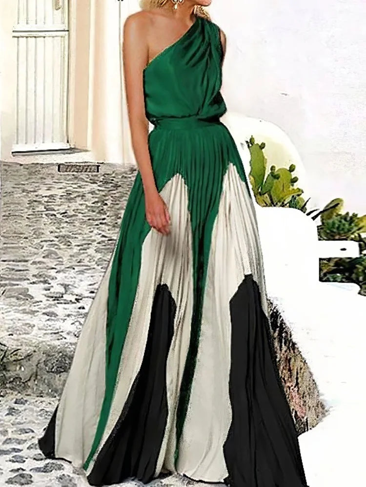 Women Fashion Printed Elegant Evening Maxi Dresses 2025 New Summer Sleeveless One-Shoulder Pleated A-line Long Dress Elegant Style