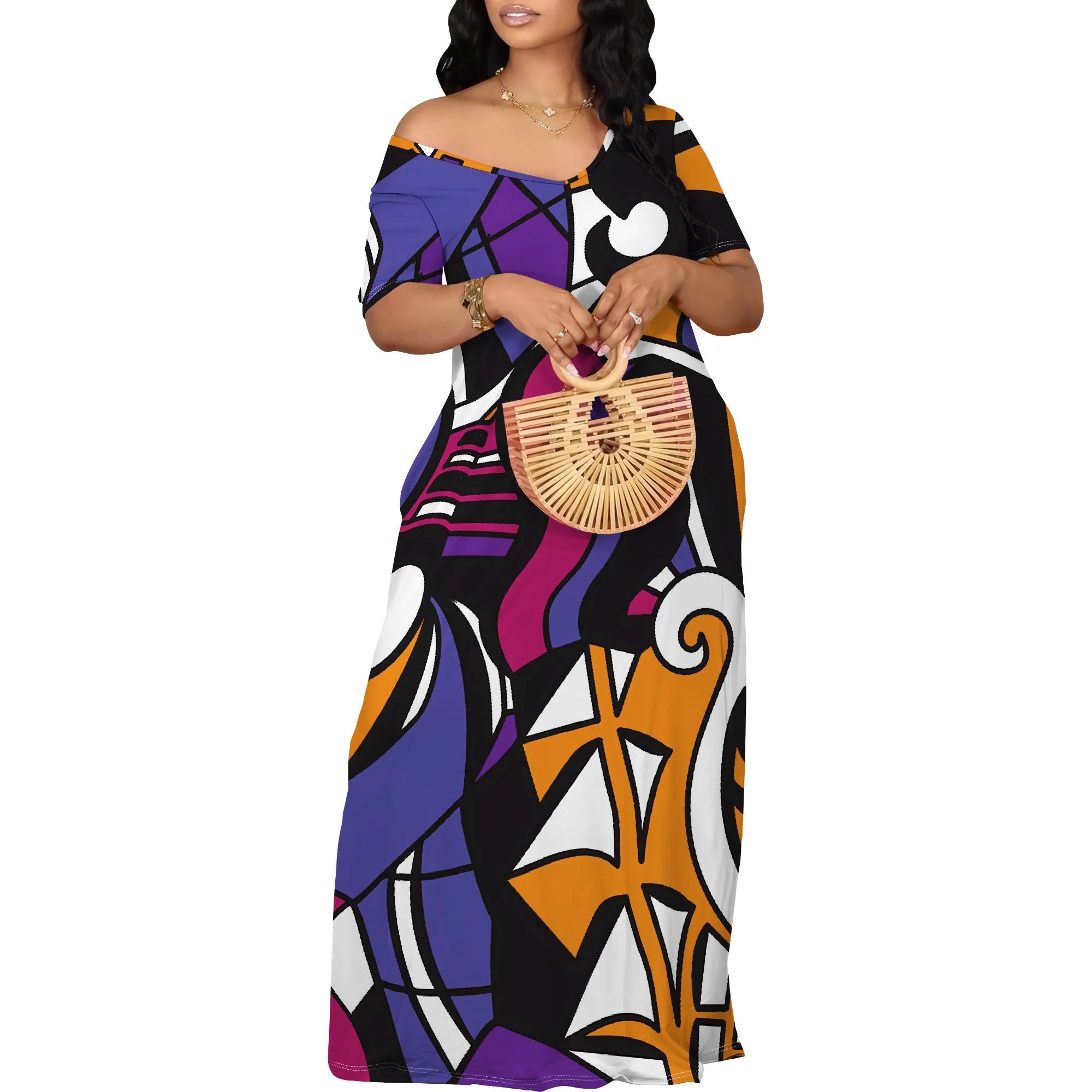 Women's Fashion Printed Short Sleeve Long Dress Sexy Off Shoulder Backless Bodycon Split Cocktail Party Dress Elegant Style