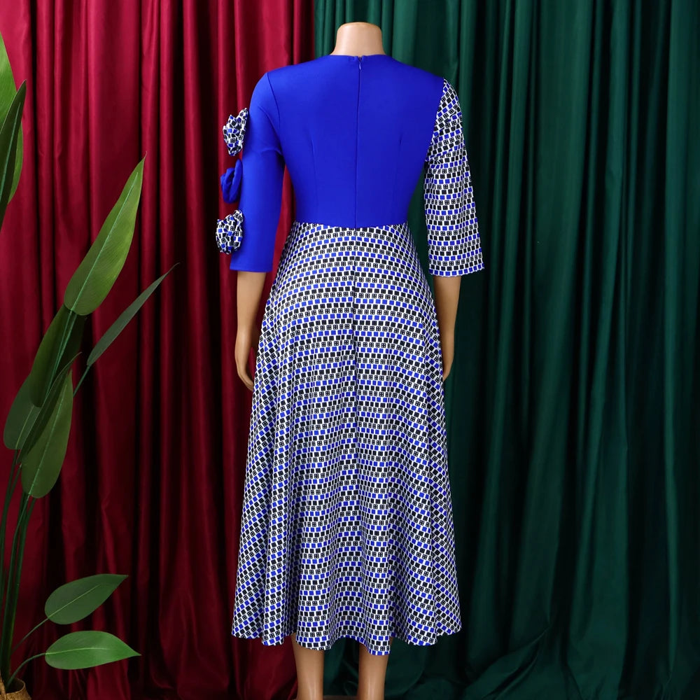 Elegant Dresses for Women 2025 Fall Fashion African 3/4 Sleeve Party Birthday New Robe Chic 3D Flower Plaid Evening A-Line Dress Elegant Style