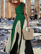 Women Fashion Printed Elegant Evening Maxi Dresses 2025 New Summer Sleeveless One-Shoulder Pleated A-line Long Dress Elegant Style