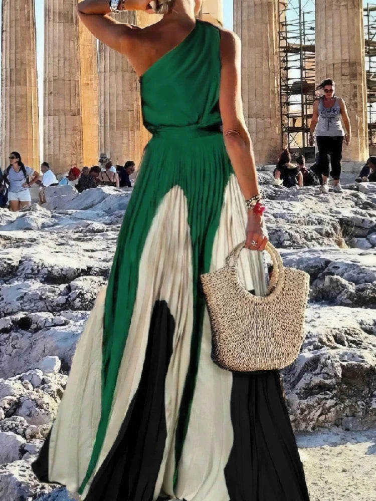 Women Fashion Printed Elegant Evening Maxi Dresses 2025 New Summer Sleeveless One-Shoulder Pleated A-line Long Dress Elegant Style