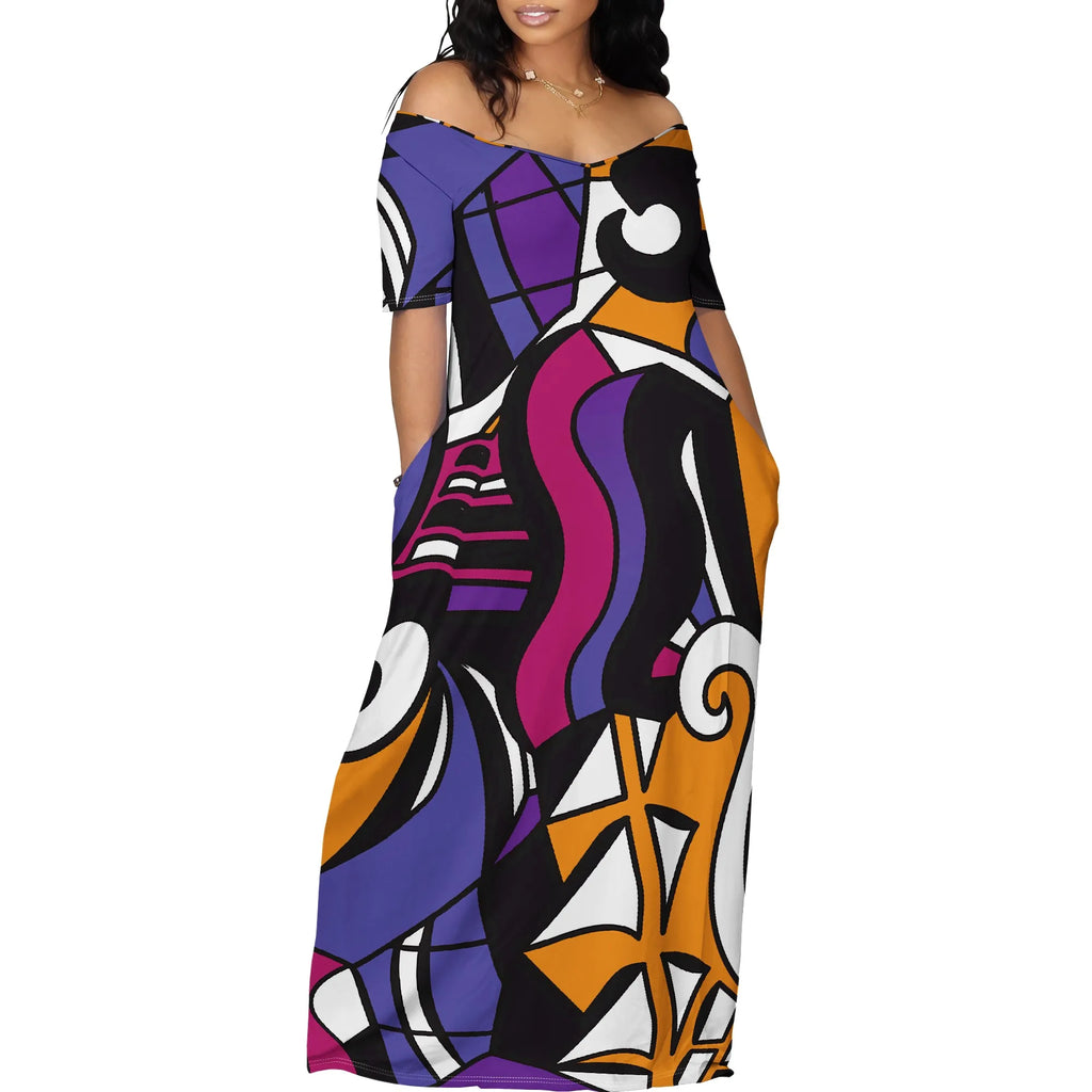 Women's Fashion Printed Short Sleeve Long Dress Sexy Off Shoulder Backless Bodycon Split Cocktail Party Dress Elegant Style