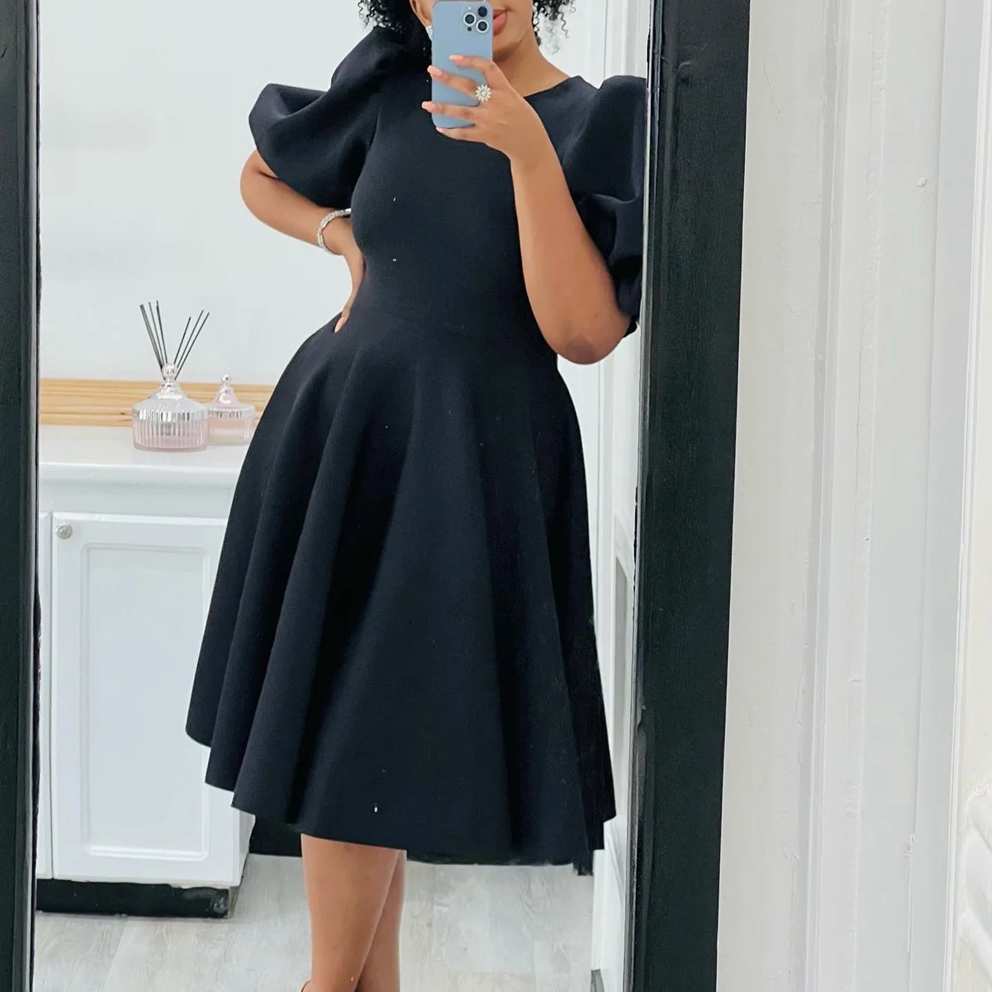 Elegant Dresses for Woman 2024 O Neck Short Sleeve High Waisted Pleated Mid Calf Luxury Female Birthday Party Dinner Vestidos Black Dress Elegant Style