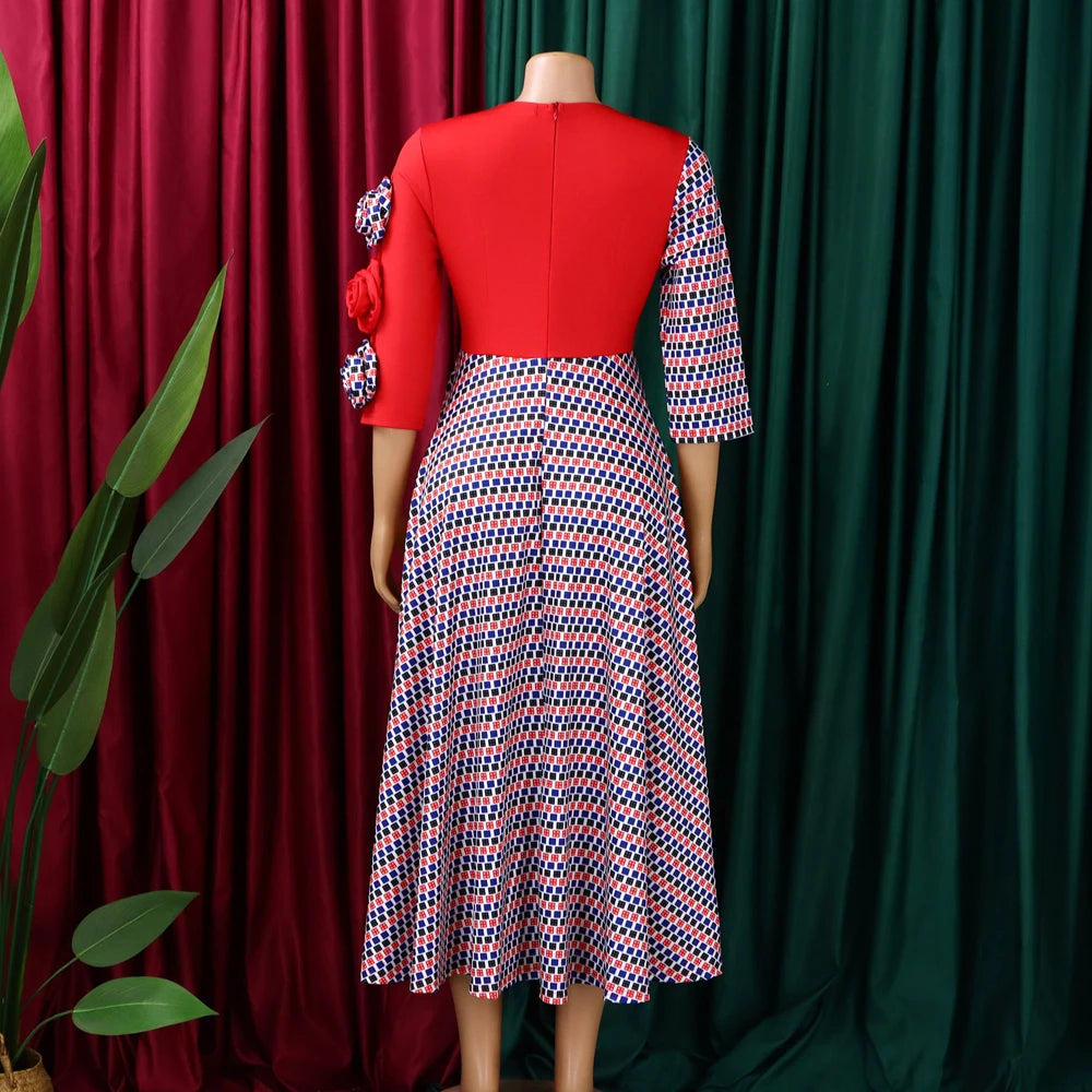 Elegant Dresses for Women 2025 Fall Fashion African 3/4 Sleeve Party Birthday New Robe Chic 3D Flower Plaid Evening A-Line Dress Elegant Style