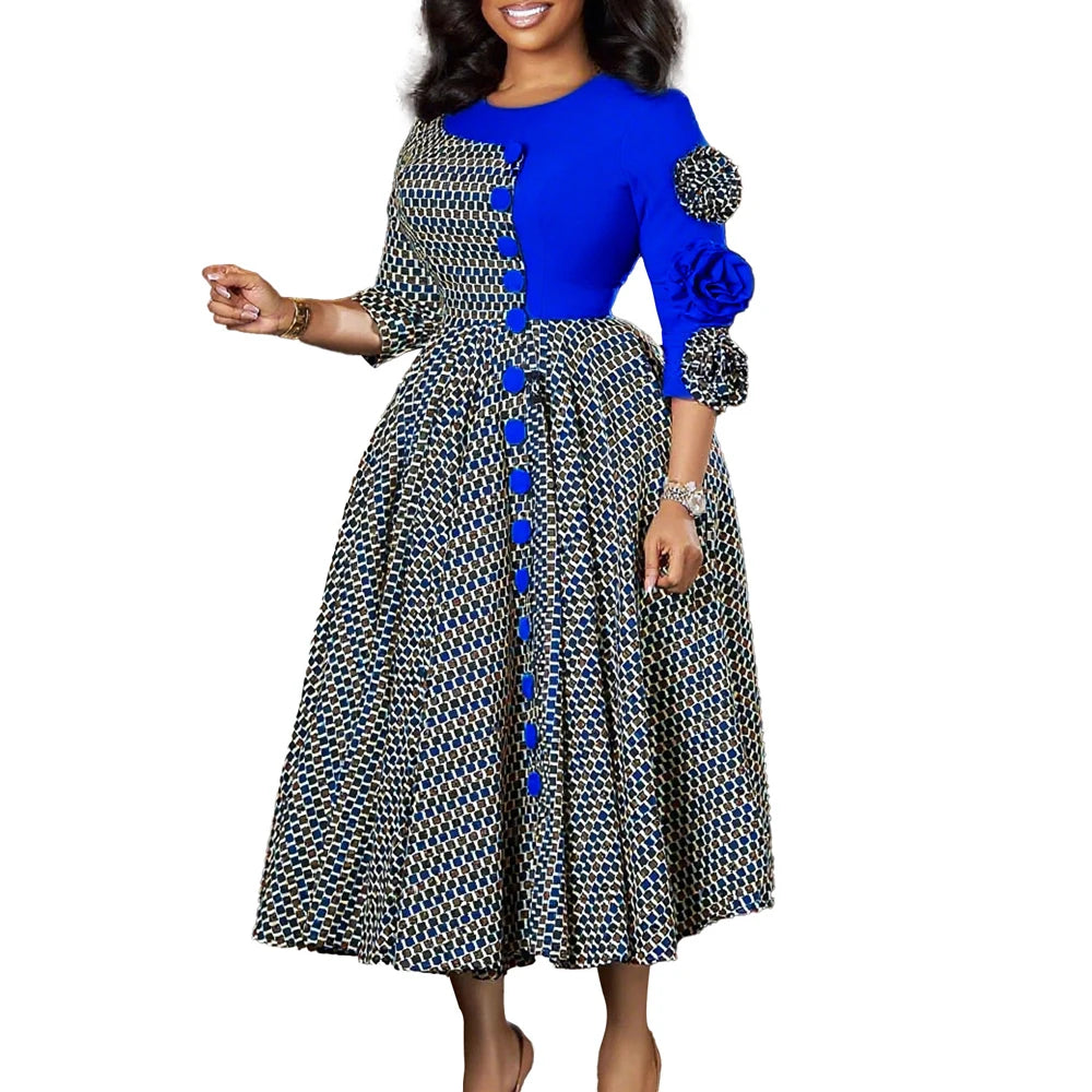 Elegant Dresses for Women 2025 Fall Fashion African 3/4 Sleeve Party Birthday New Robe Chic 3D Flower Plaid Evening A-Line Dress Blue Elegant Style