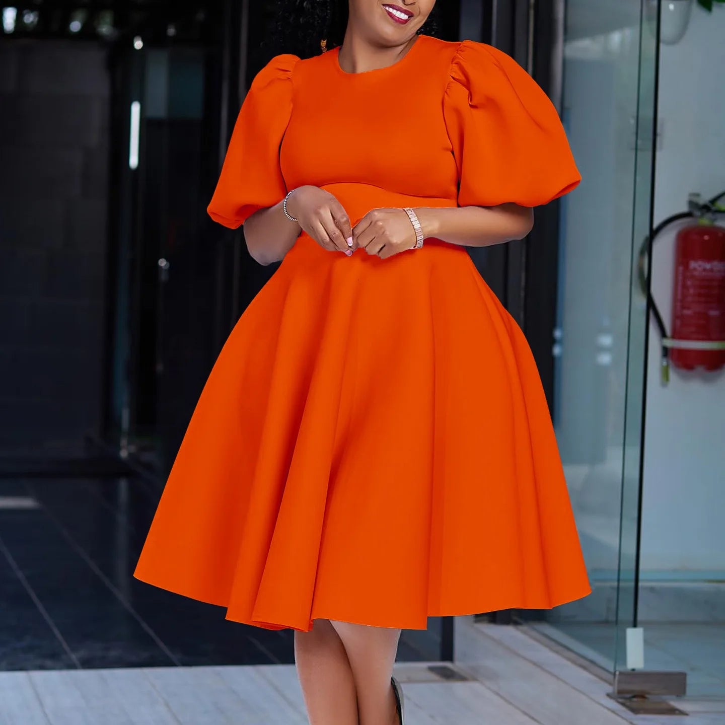 Elegant Dresses for Woman 2024 O Neck Short Sleeve High Waisted Pleated Mid Calf Luxury Female Birthday Party Dinner Vestidos Orange Dress Elegant Style