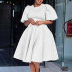 Elegant Dresses for Woman 2024 O Neck Short Sleeve High Waisted Pleated Mid Calf Luxury Female Birthday Party Dinner Vestidos White Dress Elegant Style