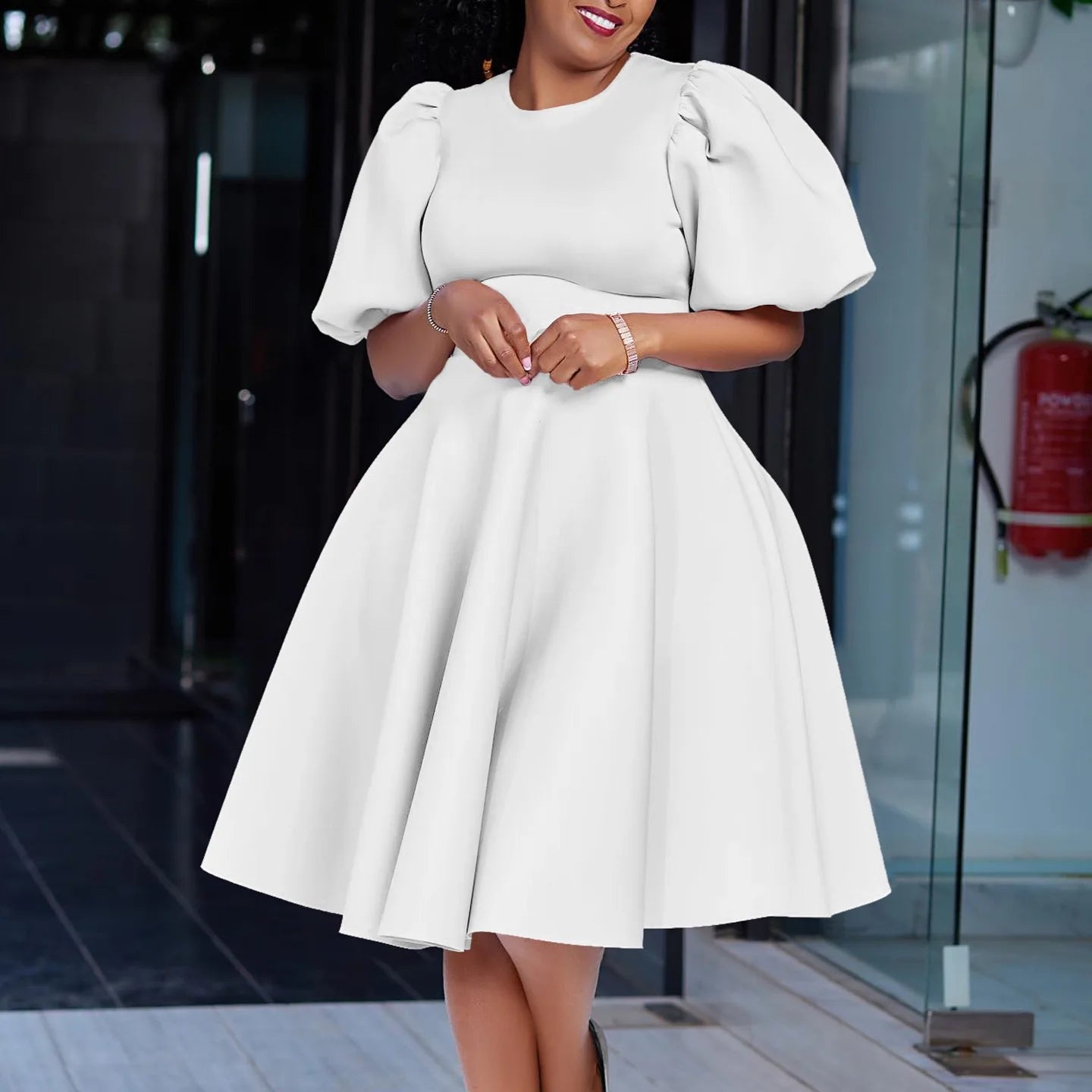 Elegant Dresses for Woman 2024 O Neck Short Sleeve High Waisted Pleated Mid Calf Luxury Female Birthday Party Dinner Vestidos White Dress Elegant Style
