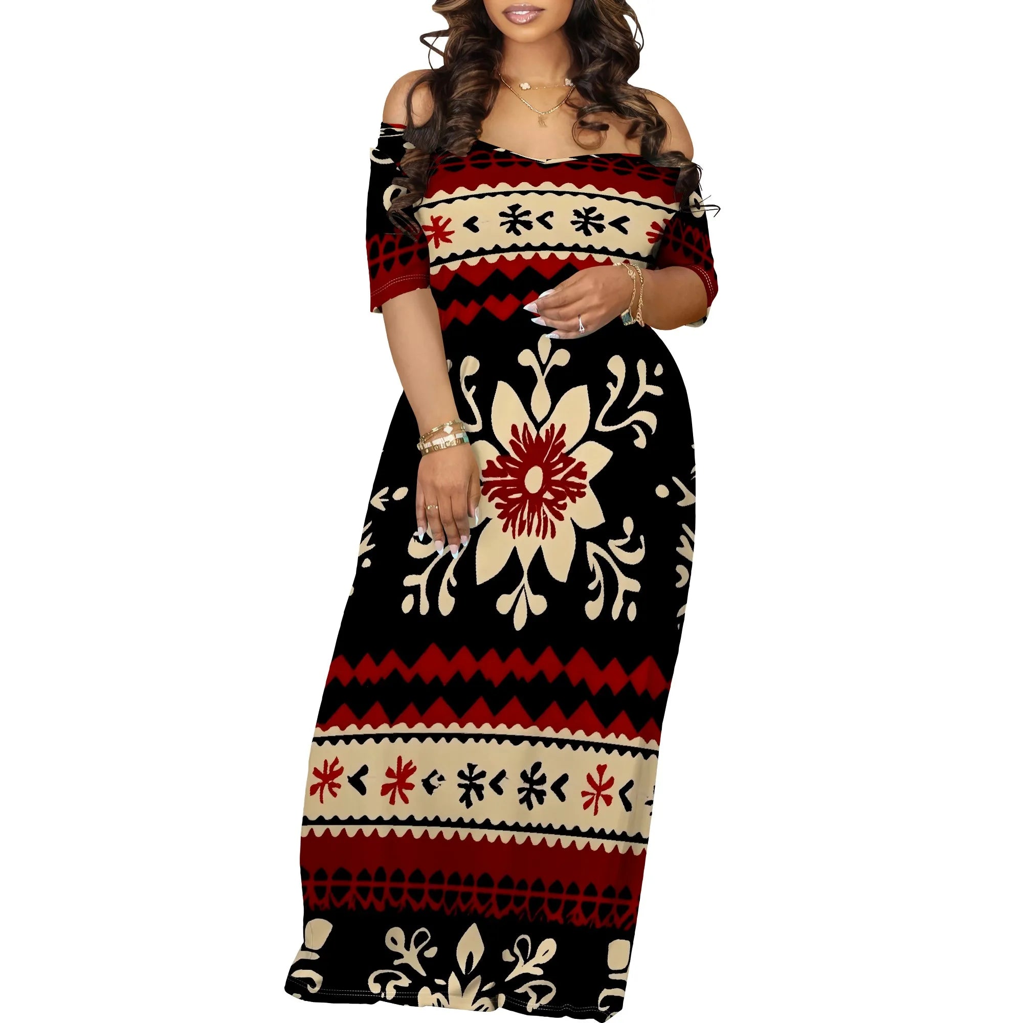 Women's Fashion Printed Short Sleeve Long Dress Sexy Off Shoulder Backless Bodycon Split Cocktail Party Dress White-5 China Mainland Elegant Style