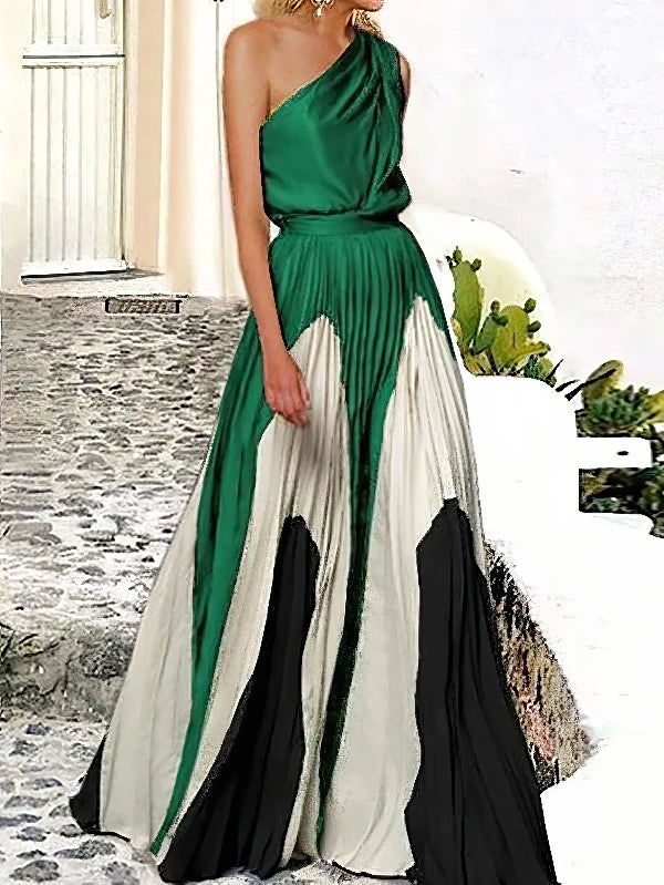 Women Fashion Printed Elegant Evening Maxi Dresses 2025 New Summer Sleeveless One-Shoulder Pleated A-line Long Dress Elegant Style
