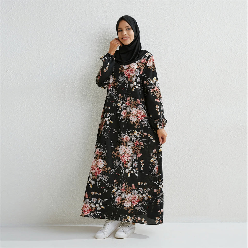 Muslim Dresses Women Maxi Dresses Mujer Vestidoes Female Loose Dresses Full Sleeve Printed Floral Casual Robe Long Dress Elegant Style