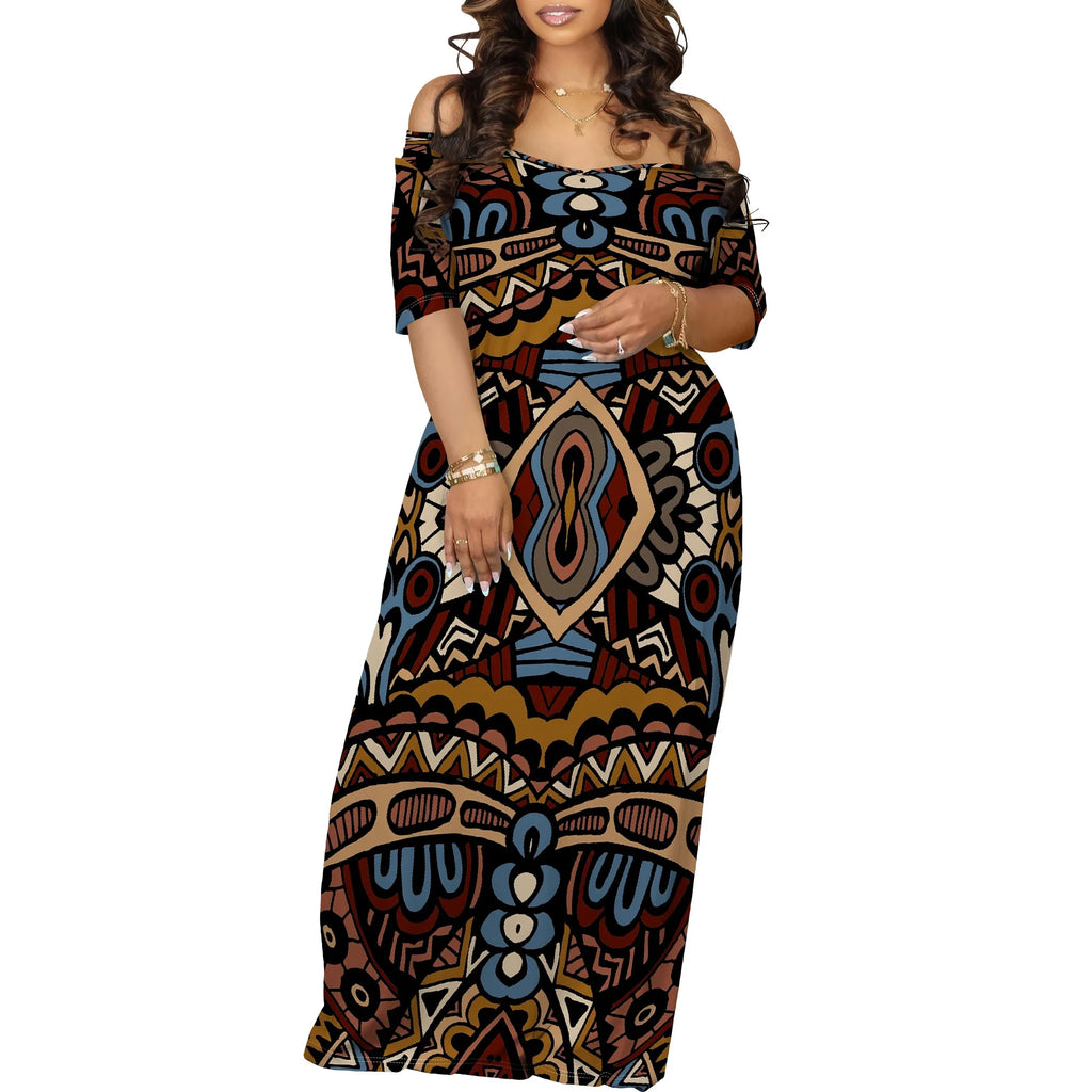 Women's Fashion Printed Short Sleeve Long Dress Sexy Off Shoulder Backless Bodycon Split Cocktail Party Dress White-3 China Mainland Elegant Style