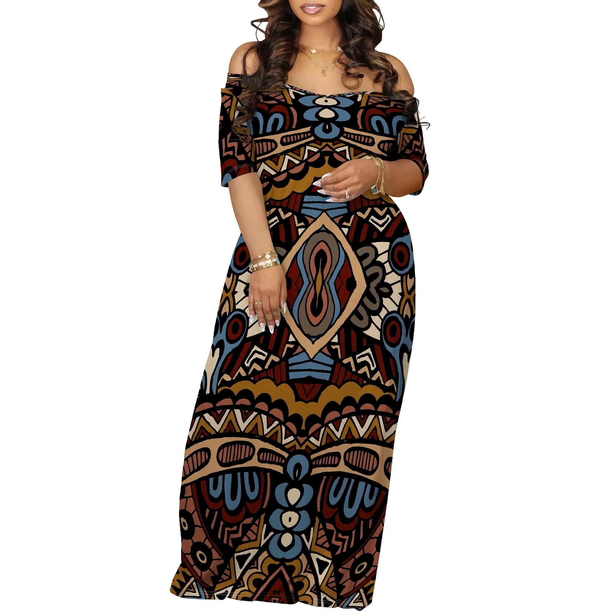 Women's Fashion Printed Short Sleeve Long Dress Sexy Off Shoulder Backless Bodycon Split Cocktail Party Dress White-3 China Mainland Elegant Style