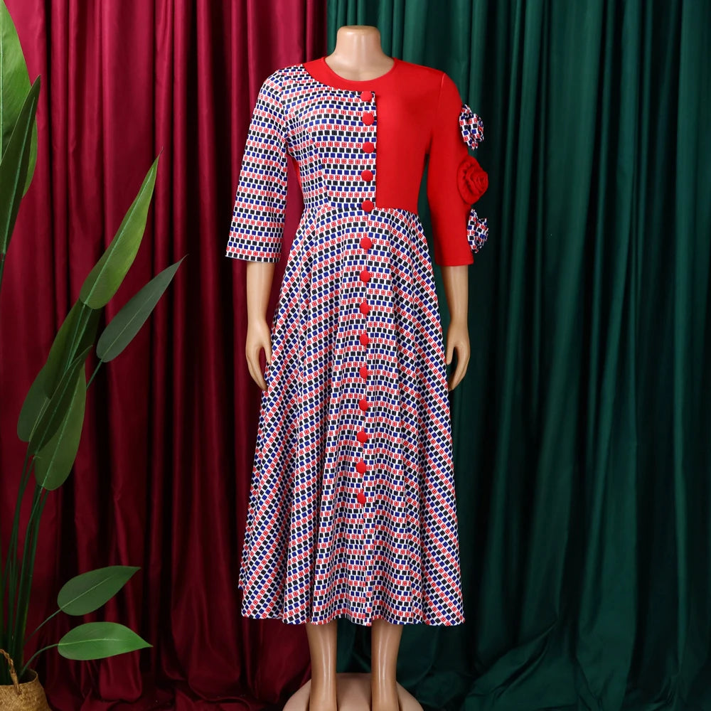 Elegant Dresses for Women 2025 Fall Fashion African 3/4 Sleeve Party Birthday New Robe Chic 3D Flower Plaid Evening A-Line Dress Elegant Style