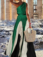 Women Fashion Printed Elegant Evening Maxi Dresses 2025 New Summer Sleeveless One-Shoulder Pleated A-line Long Dress Elegant Style