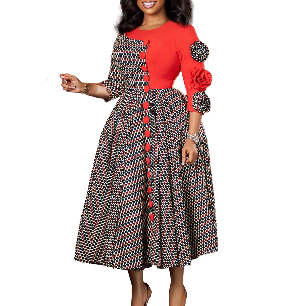 Elegant Dresses for Women 2025 Fall Fashion African 3/4 Sleeve Party Birthday New Robe Chic 3D Flower Plaid Evening A-Line Dress Red Elegant Style