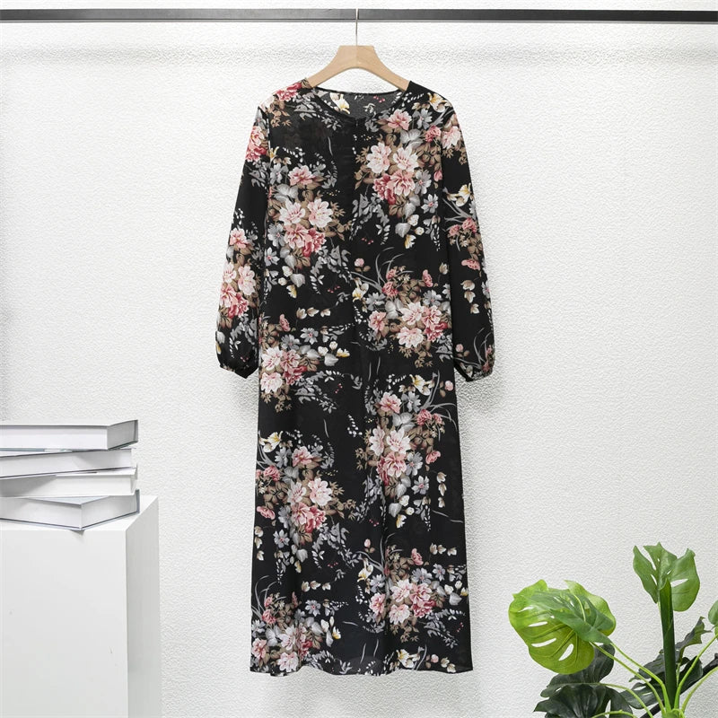 Muslim Dresses Women Maxi Dresses Mujer Vestidoes Female Loose Dresses Full Sleeve Printed Floral Casual Robe Long Dress Elegant Style