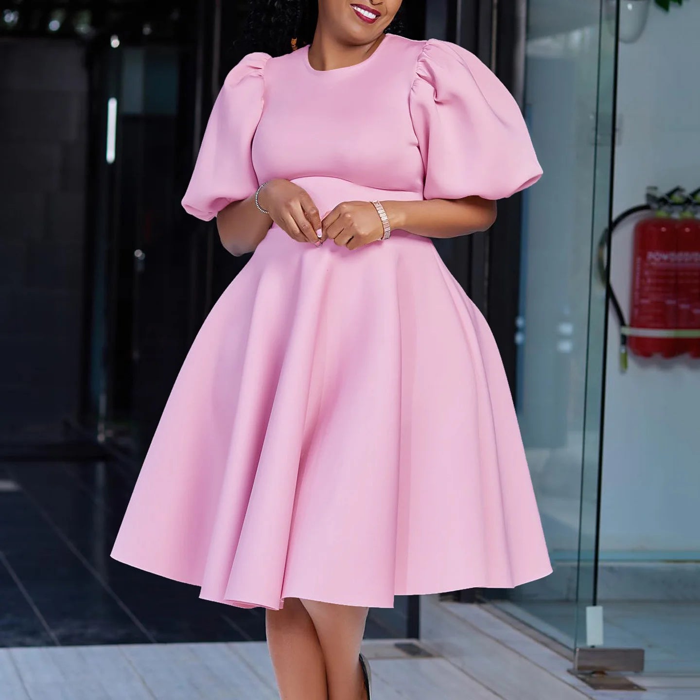 Elegant Dresses for Woman 2024 O Neck Short Sleeve High Waisted Pleated Mid Calf Luxury Female Birthday Party Dinner Vestidos Pink Dress Elegant Style
