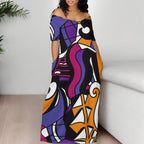 Women's Fashion Printed Short Sleeve Long Dress Sexy Off Shoulder Backless Bodycon Split Cocktail Party Dress Elegant Style