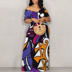 Women's Fashion Printed Short Sleeve Long Dress Sexy Off Shoulder Backless Bodycon Split Cocktail Party Dress Elegant Style