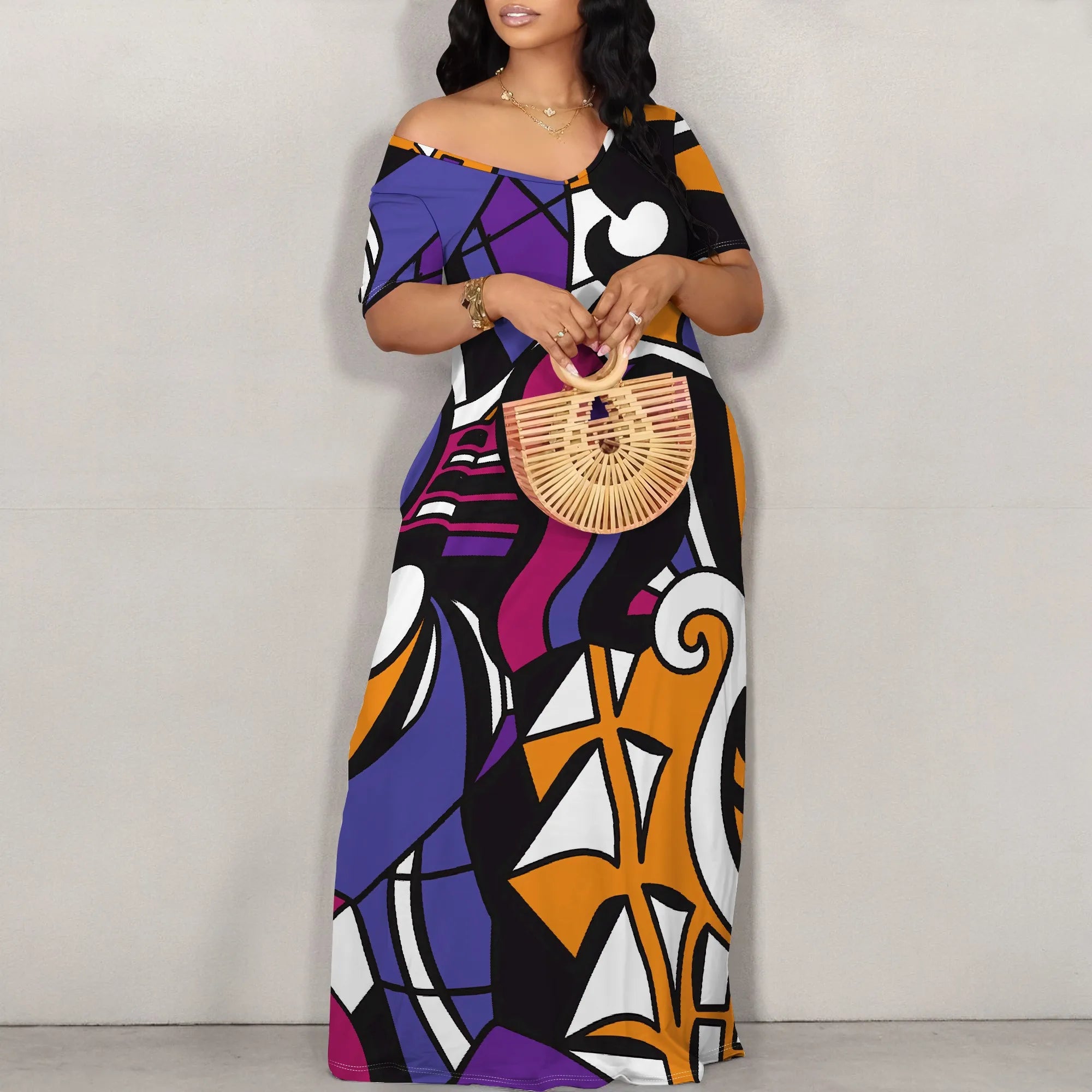 Women's Fashion Printed Short Sleeve Long Dress Sexy Off Shoulder Backless Bodycon Split Cocktail Party Dress Elegant Style