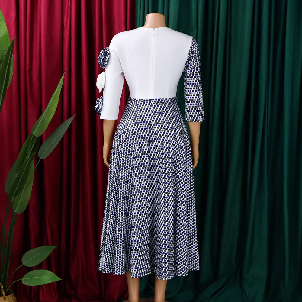 Elegant Dresses for Women 2025 Fall Fashion African 3/4 Sleeve Party Birthday New Robe Chic 3D Flower Plaid Evening A-Line Dress Elegant Style