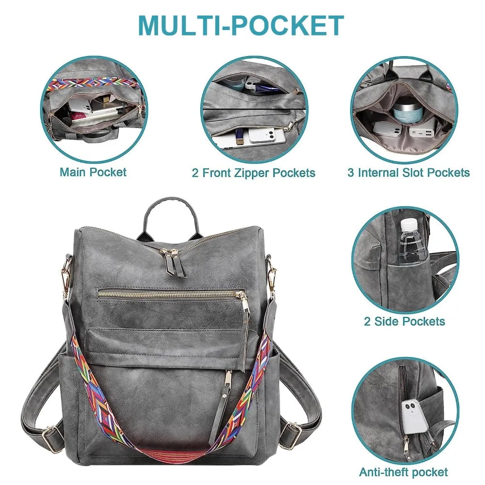 Women Backpack Purse for Women Fashion Leather Designer Ladies Convertible School College Shoulder Bags with Colorful Strap Elegant Style