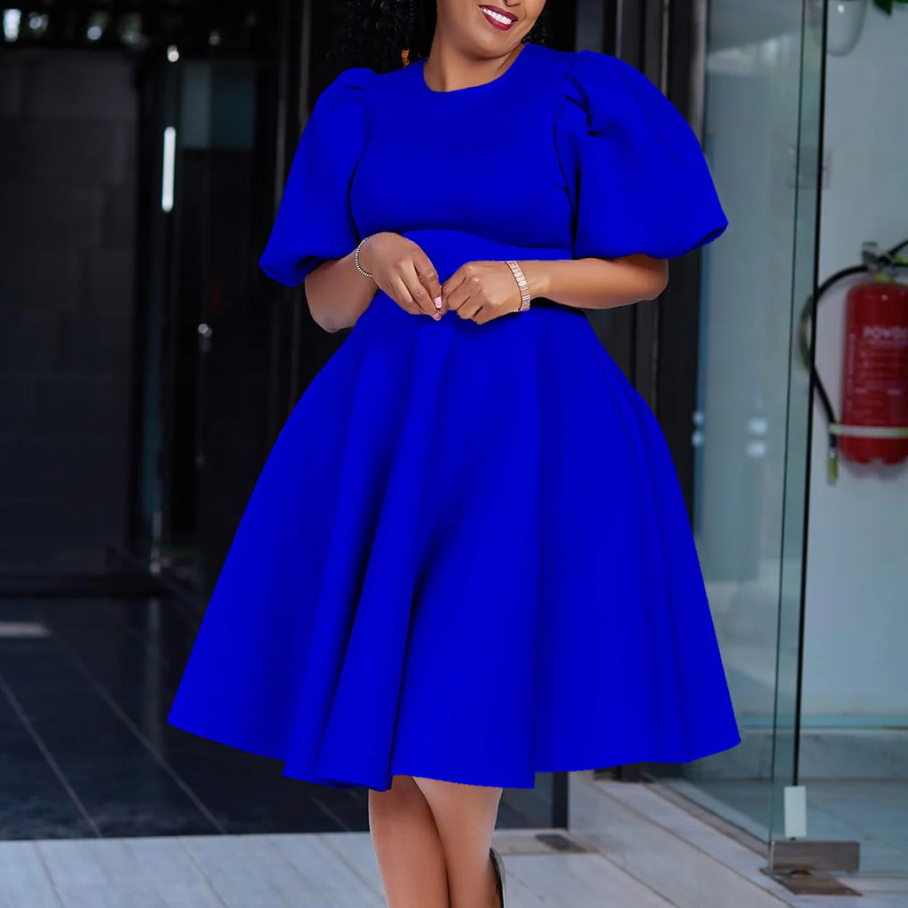 Elegant Dresses for Woman 2024 O Neck Short Sleeve High Waisted Pleated Mid Calf Luxury Female Birthday Party Dinner Vestidos Royal Blue Elegant Style