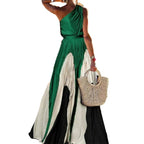 Women Fashion Printed Elegant Evening Maxi Dresses 2025 New Summer Sleeveless One-Shoulder Pleated A-line Long Dress Elegant Style