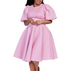 Elegant Dresses for Woman 2024 O Neck Short Sleeve High Waisted Pleated Mid Calf Luxury Female Birthday Party Dinner Vestidos Elegant Style