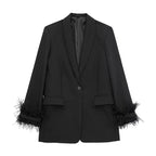 Women Fashion Chic Black With Feather Blazer Jacket Elegant Notched Neck Single Button Long Sleeves Female Outfits Elegant Style