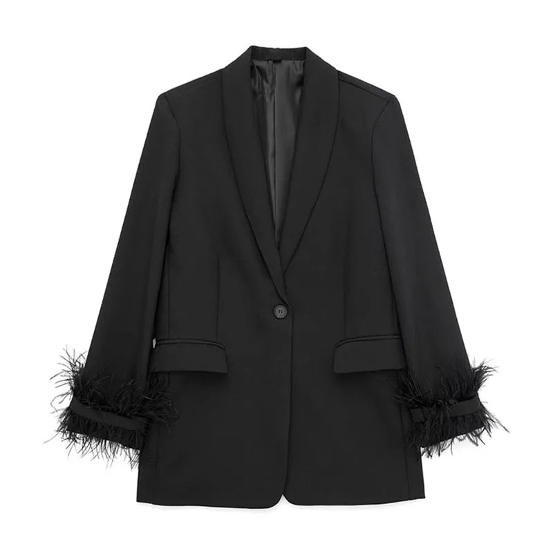 Women Fashion Chic Black With Feather Blazer Jacket Elegant Notched Neck Single Button Long Sleeves Female Outfits Elegant Style