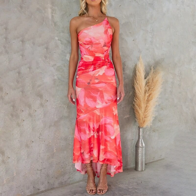 VELAROSE – WOMEN’S ONE SHOULDER FLORAL MIDI DRESS