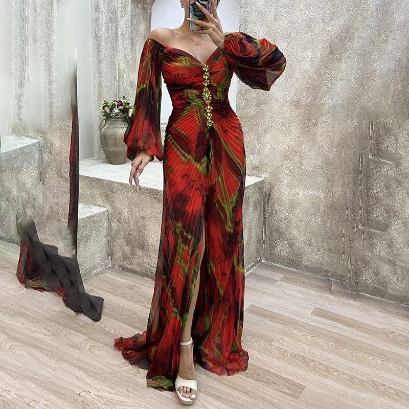 FLORÉVIA – WOMEN’S RUCHED FLORAL MAXI PARTY DRESS