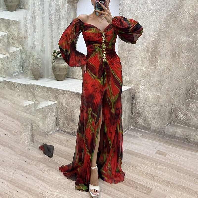 FLORÉVIA – WOMEN’S RUCHED FLORAL MAXI PARTY DRESS